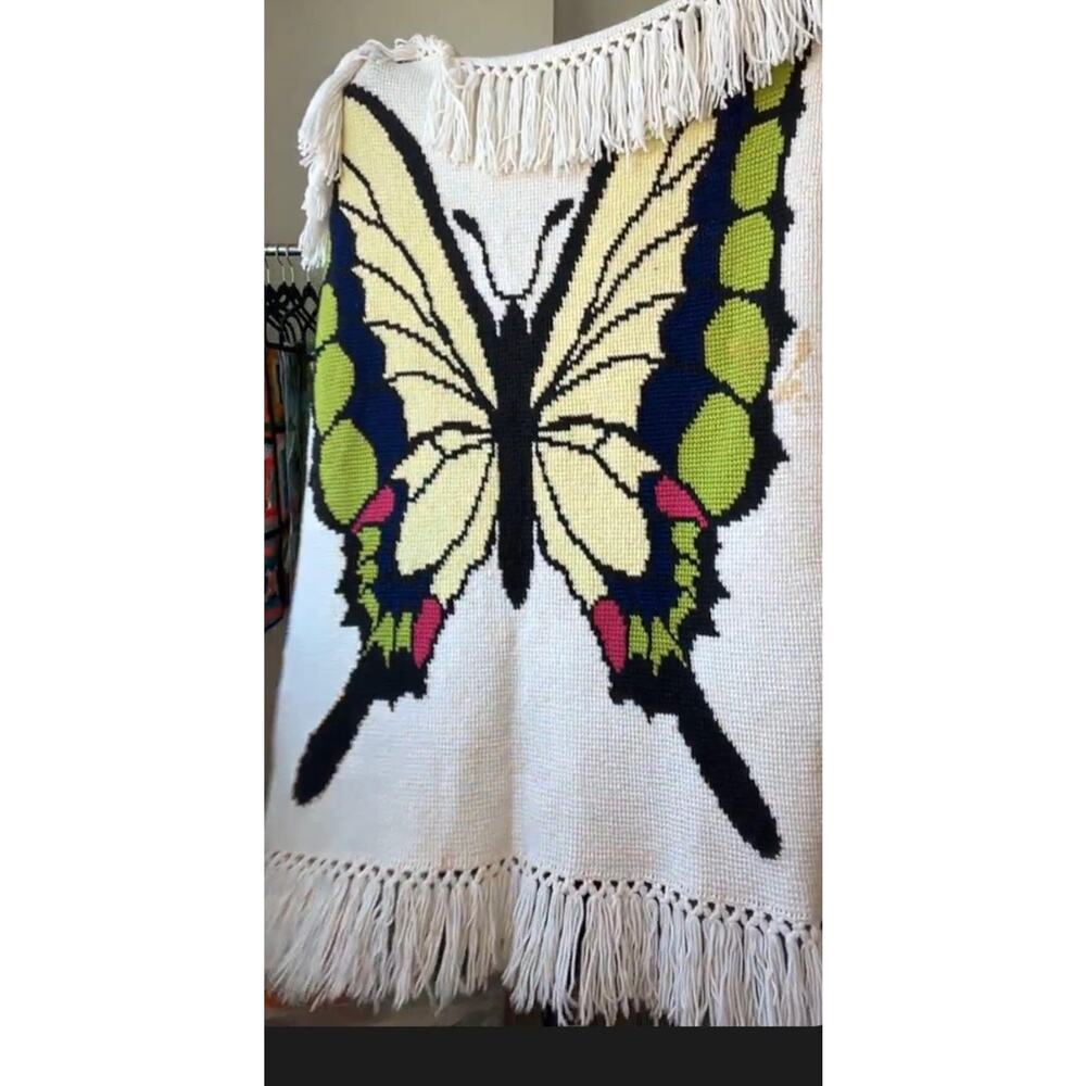 Vintage Handmade Butterfly Crochet Afghan Blanket Retro Boho Chic Throw
